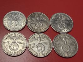 6x German 5 Reichs Mark Silver Coin Collection -1937 A