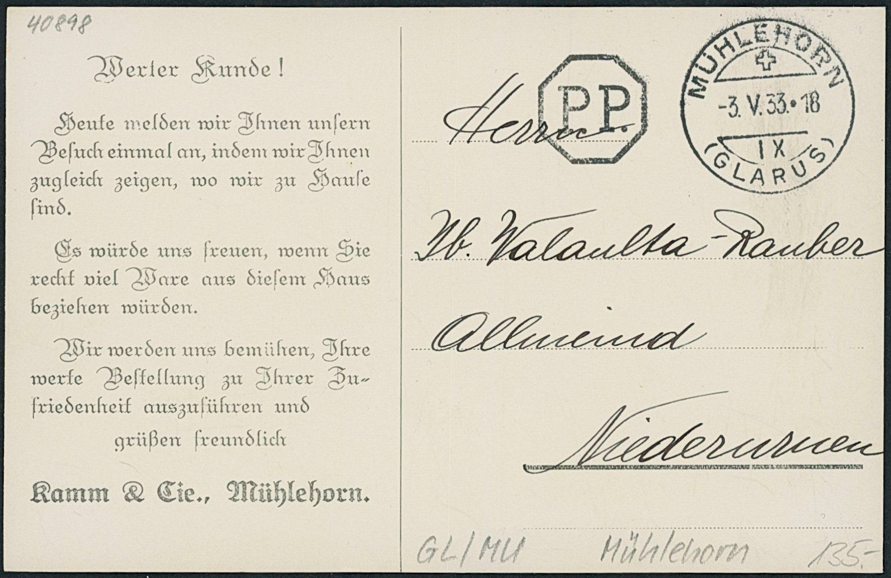 Cartes postales: GL Mühlehorn – D'occasion à Schindellegi par stationary 1