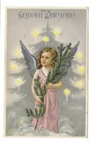 Gesegnete Weihnachten - Engel  Christbaum - Präge-Litho 1914