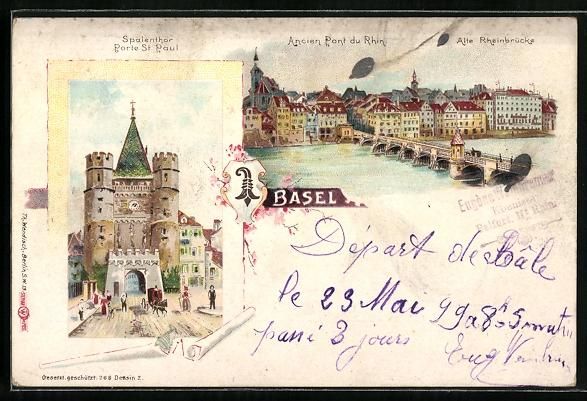 Cartoline postali: Litho Basel, Alte Rheinbrücke und Spale – Usato da Berlin venduto da bartko-reher