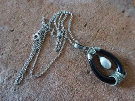 Kette Perle Onyx Jugendstil / 835 Silber