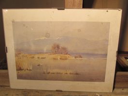 Aquarelle paysage lac montagnes par K. Borthous