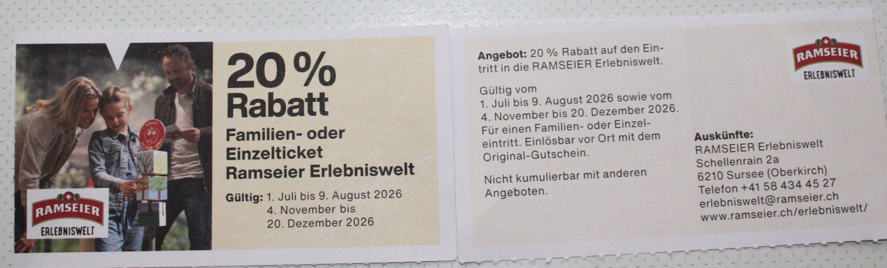 Buoni: Ramseier Erlebniswelt 20% Rabatt Familien oder Einzelticket – Nuovo e nell'imballaggio originale da Wettingen venduto da Licht08