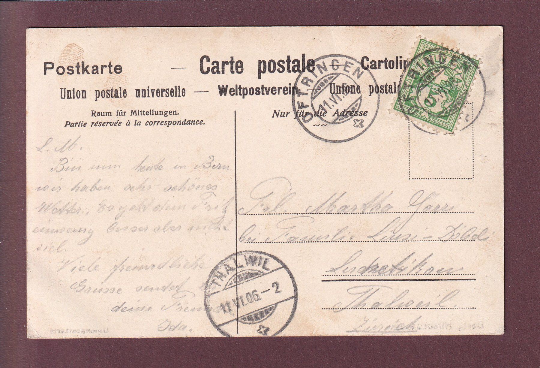 Ansichtskarten: BERN - Hirschpark - 1906 – Gebraucht aus Pully von nicecards 1
