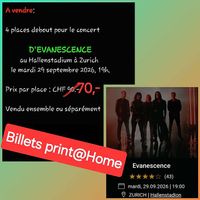 4 billets  "PRINT@HOME" pour Evanescence le 29.9.26