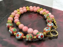 Unikat: Rhodonit-Kette, Cloisonnè-Perlen,18K vergoldete Lava