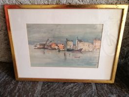 2 Aquarelle, Hafenszene, von 1950