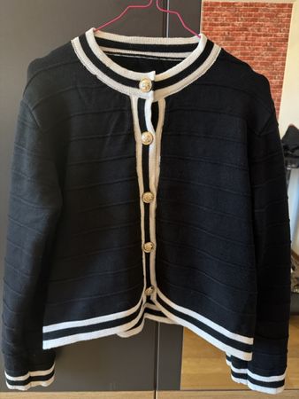 Black and White Striped Cardigan with Gold Buttons