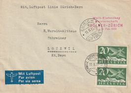Luftpostbrief Zürich-Bern-Lotzwil, Stempel WM Eishockey 1939