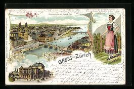 Litho Zürich, Grossmünster mit Alpen, 