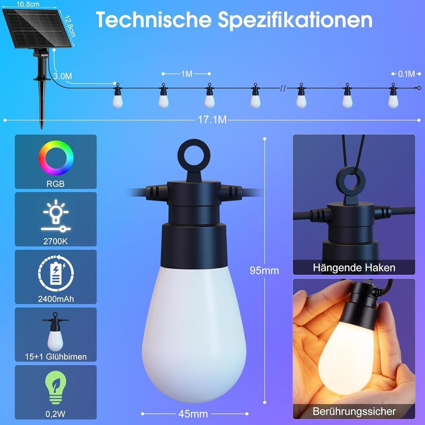 Lichterketten & Leisten: Solar LED Lichterkette 17m bunt IP65 – Neu und originalverpackt aus Nuglar von SmartLiving24 6