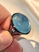 🦋 Brazilian Aquamarine Cabochon & Blue Sapphire SS925 Ring