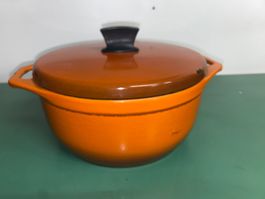 Oranger Bräter / Topf, Gusseisen, Herbstküche vintage