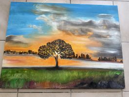 Gemälde "Sonnenuntergang mit Baum", 80x60cm, Unikat, handsig