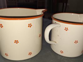 Antikes Set Vintage Emaille Milchtopf , mega sweet