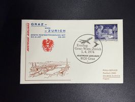 AUA Erstflugbrief Graz-Zürich 1974