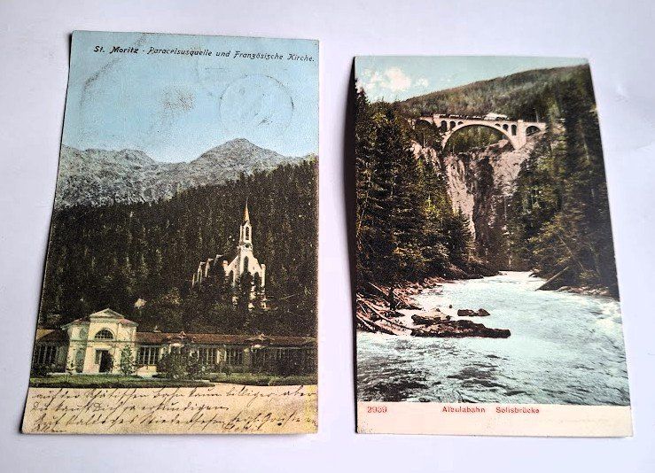Cartes postales: 2 AK Graubünden St. Moritz u. Albulabahn 1906 – D'occasion à Alpnach Dorf par MZ001