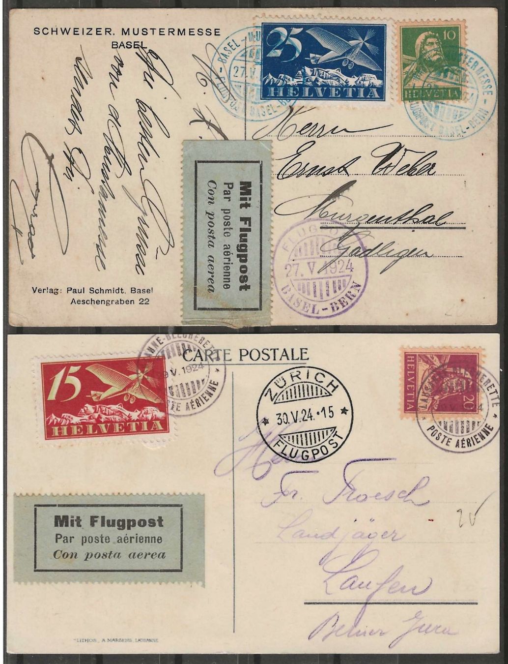 Tutti i francobolli: 1924 : 2 Flugpost Karten - Erstflüge – Usato da Gümligen venduto da Geniusbuy