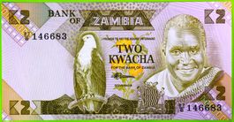 1987 / ZAMBIA / 2 KWACHA - BANKNOTE / KASSENFRISCH !