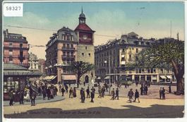 Geneve - Place Bel-air et Tour de l'Ile - Tram - Litho