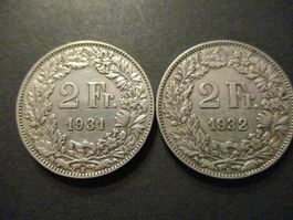 2 x 2.- Fr   1931 + 1932  Superbes pièces  Superbe qualité