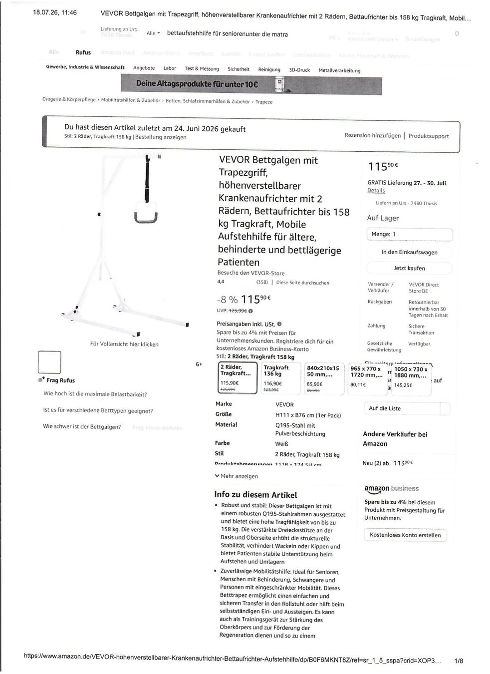 Medizinische Geräte: Bettgalgen VEVOR – Neu (gemäss Beschreibung) aus Thusis von widmaierurs 1