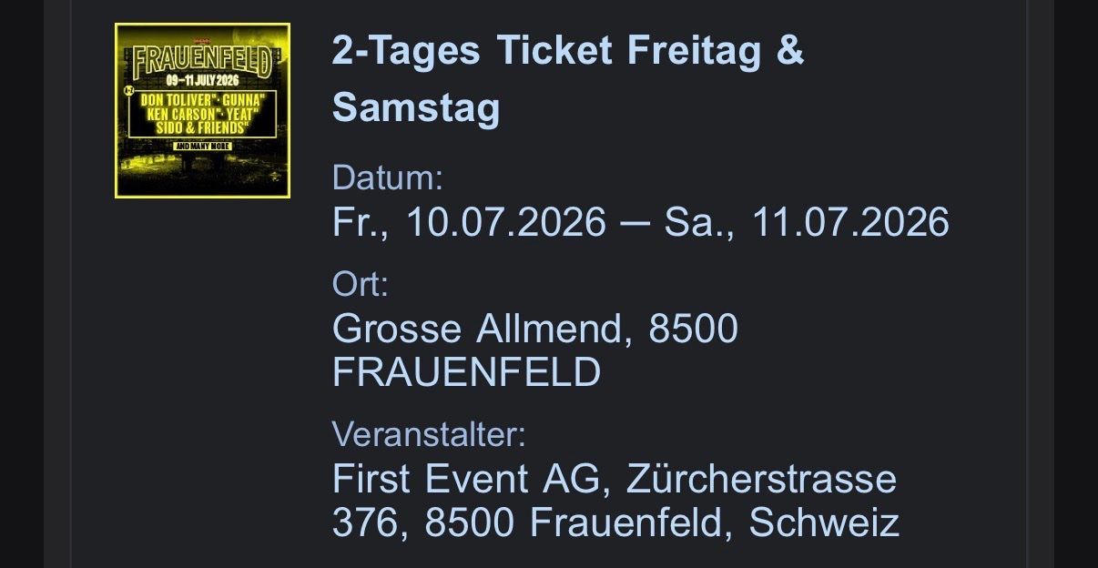 Billets: 1 x 2-Tages Ticket Freitag & Samstag – Neuf avec emballage d'origine à Weiach par noahsoares 1