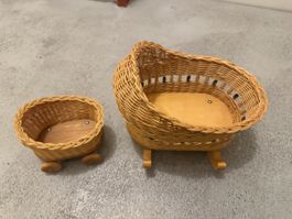 Vintage Puppenwiege + Puppenwagen aus Korbgeflecht Set