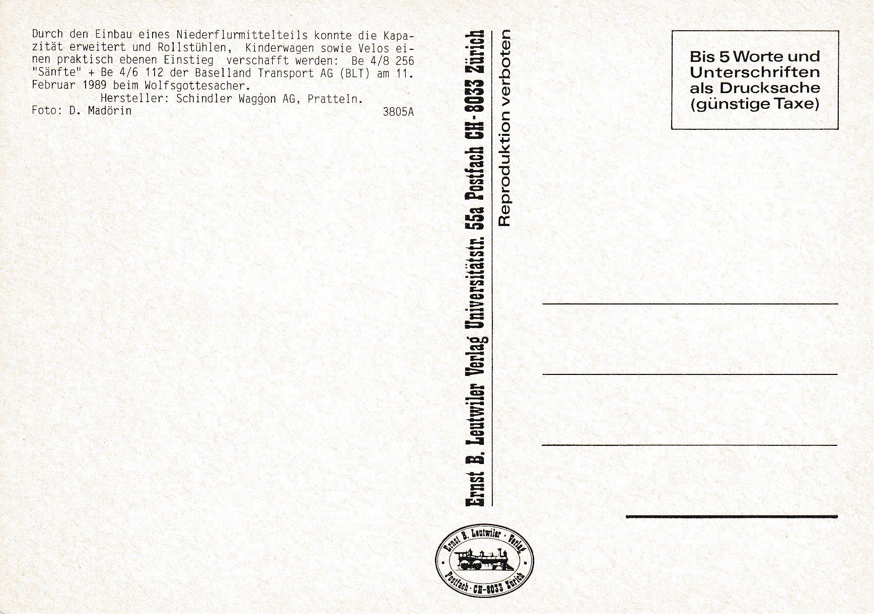 Cartoline postali: Strassenbahn Basel BLT Be 4/8 256 + Be 4/6 112 – Nuovo e nell'imballaggio originale da Ettingen venduto da Pantograph163 1