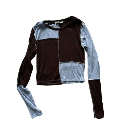Two-tone patchwork top, brown & light blue, Y2K, size S