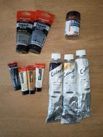Art supplies: oil and acrylic paints, bronze powder