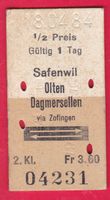 KARTON BILLETT,SAFENWIL - DAGMARSELLEN,2.KLASSE,RETOUR,HALBT