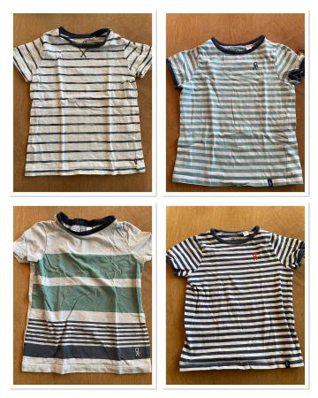 4 T-Shirts grün/weiss/blau gestreift Grösse 116 von Okaidi