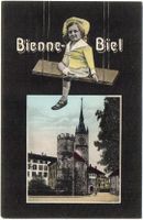 BIENNE BIEL gel. 1909 n. Chaux-de-Fonds, Kind auf Schaukel