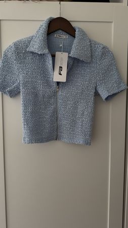 Blue Textured Collared Zip-Up Crop Top (New)