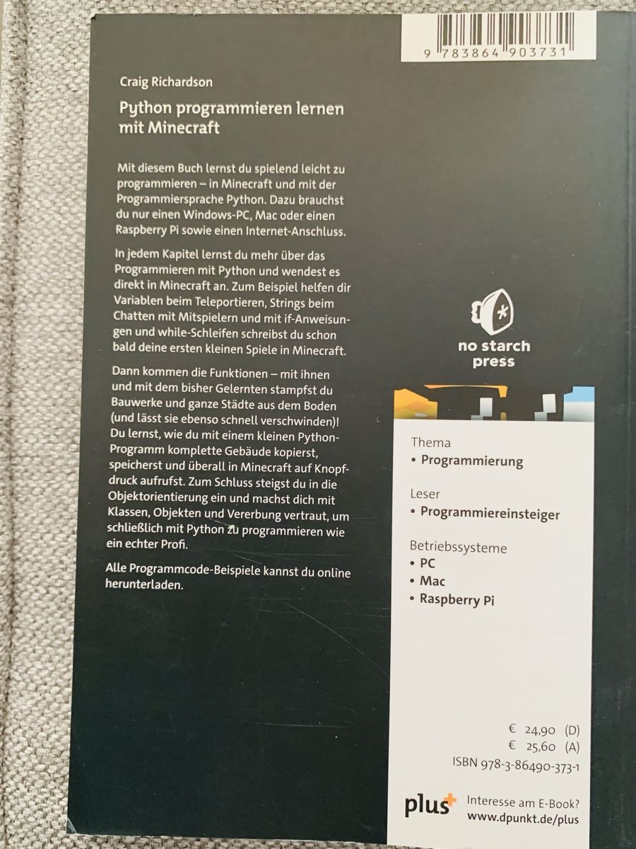 Bücher: Python programmieren lernen mit Minecraft - Top Zustand! – Gebraucht aus Winterthur von Jade69 1
