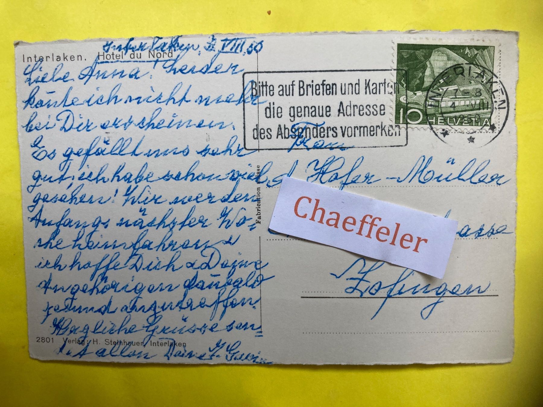 Cartoline postali: 1950 Interlaken. Hotel du Nord – Usato da Zürich venduto da Chaeffeler 1