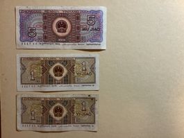 Chinesische Banknoten (2x 1 Jiao & 1x 5 Jiao, Jahr 1980)
