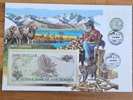 Noten-Brief mit Bankfrischer 1-Dollar-Note aus Neuseeland