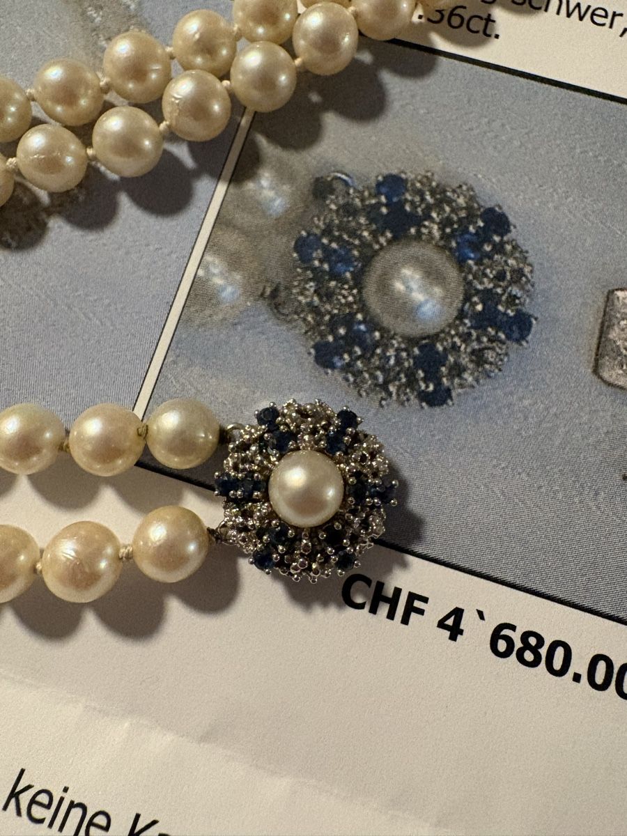 Catenine: Perlenkette mit Weissgold und  Saphir-Verschluss. – Usato da Bern venduto da lore_frand 3