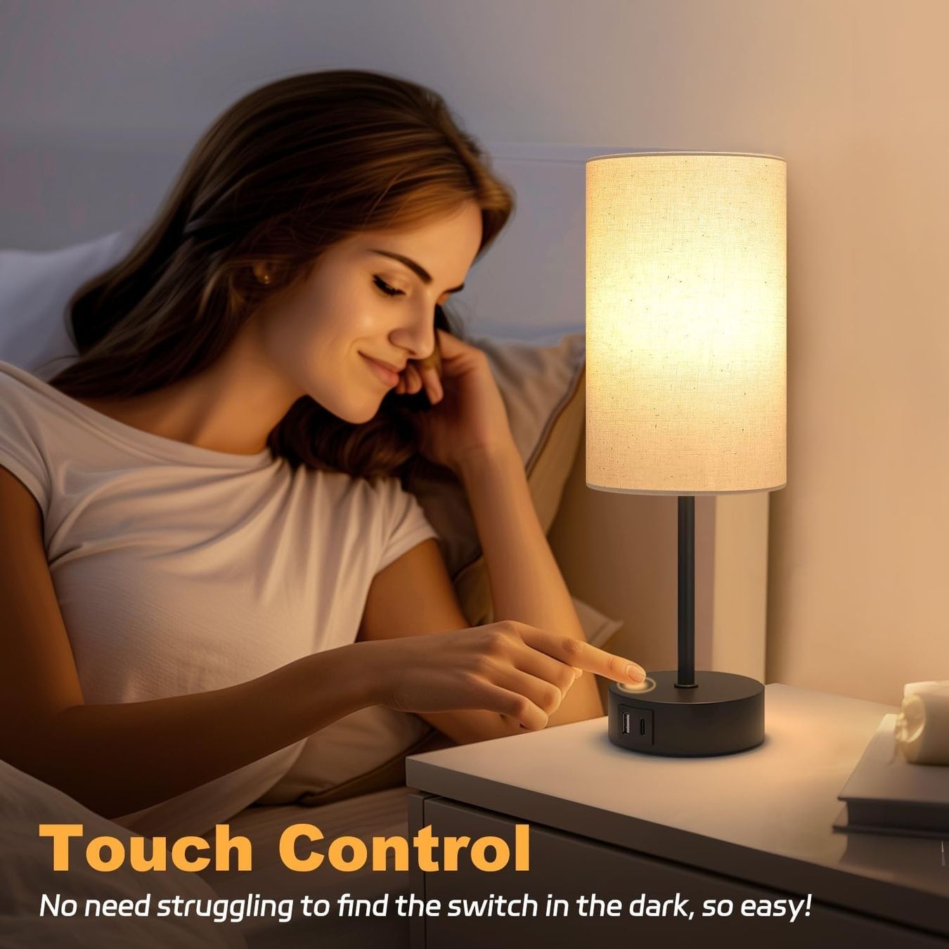 Lampade: Nachttischlampe Touch Dimmbar USB-A+C Leinen – Nuovo e nell'imballaggio originale da Nuglar venduto da SmartLiving24 3