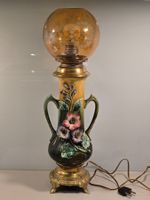 Antike Majolika Barbotine Tischlampe, mit Bronze und Glashut