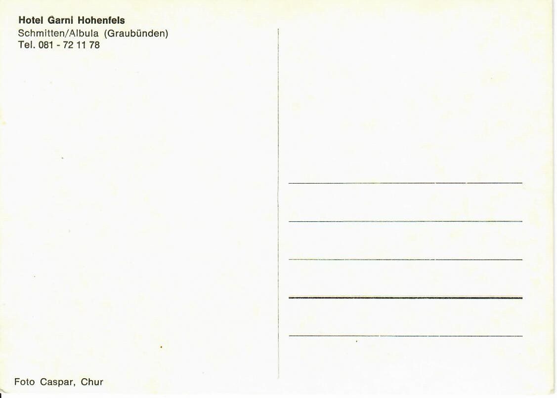 Cartoline postali: Hotel Garni Hohenfels, Schmitten Albula – Usato da Hochdorf venduto da Ziegel-16 1