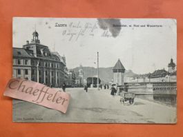 Postkarte 1907 Luzern Bahnhofstrasse mit Wasser- und Uhrturm