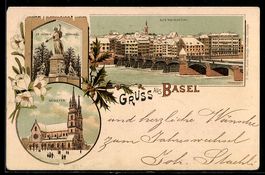 Lithographie Basel, Alte Rheinbrücke, u. Münster im Winter, 