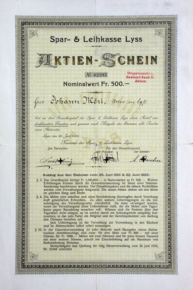 Documenti: Spar- & Leihkasse Lyss - 1925 – Usato da Solothurn venduto da Sgasche