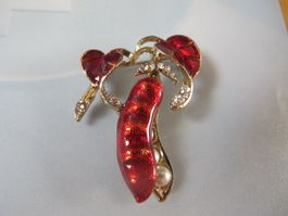 Hübsche Brosche "Erbse" in Rot und Gold, neuwertig!