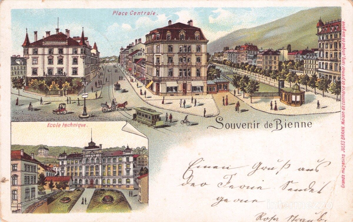 Cartoline postali: Biel Bienne BE // 1903 Litho Place Centrale Ecole Téchnique – Usato da Basel venduto da intermezzo12