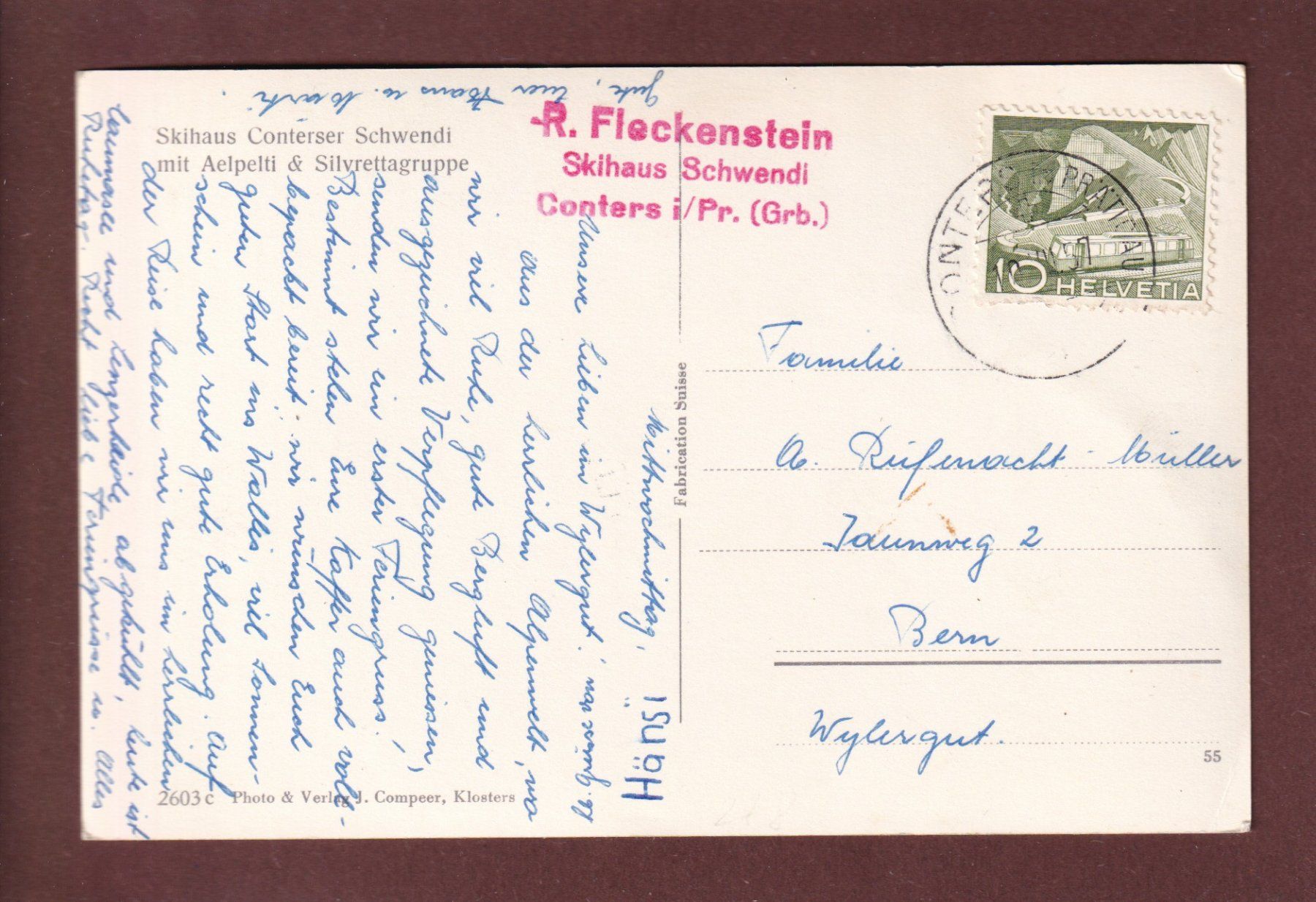 Cartoline postali: Skihaus Conterser SCHWENDI - 1957 – Usato da Pully venduto da nicecards 1
