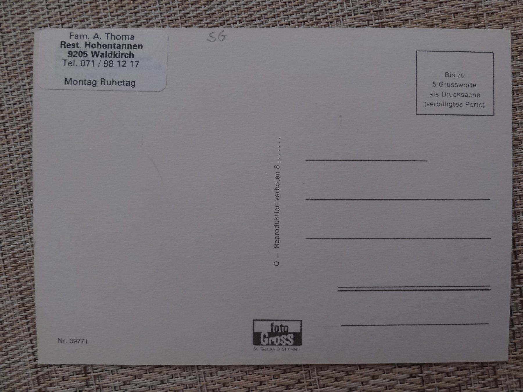 Cartoline postali: Waldkirch - Restaurant Hohentannen - SG – Usato da St Léonard venduto da Riglin 1